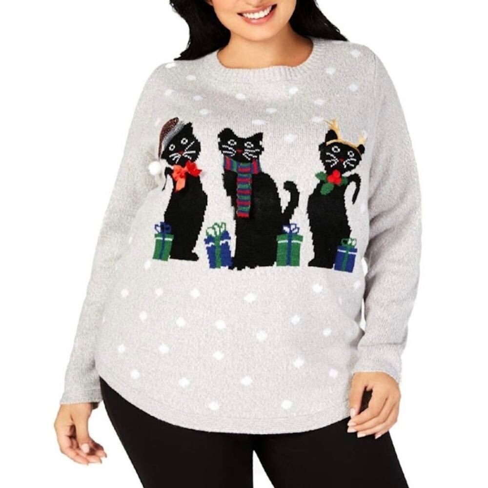 Karen Scott Holiday Meowy Cat NOT-Ugly Christmas Sweater in Gray 1X